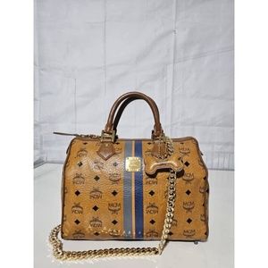 Authentic MCM Visetos Dog Bone Boston Bag Cognac